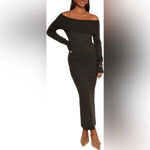 Petal & Pup Archie Off the Shoulder Long Sleeve Rib Maxi Sweater Dress medium